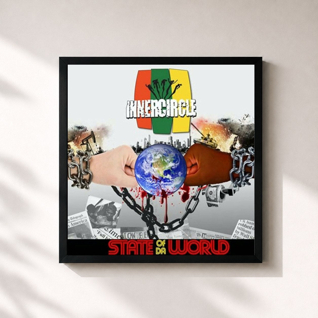 #noir Tableau carré de l'album State of Da World de Inner Circle, cadre noir 32x32 cm