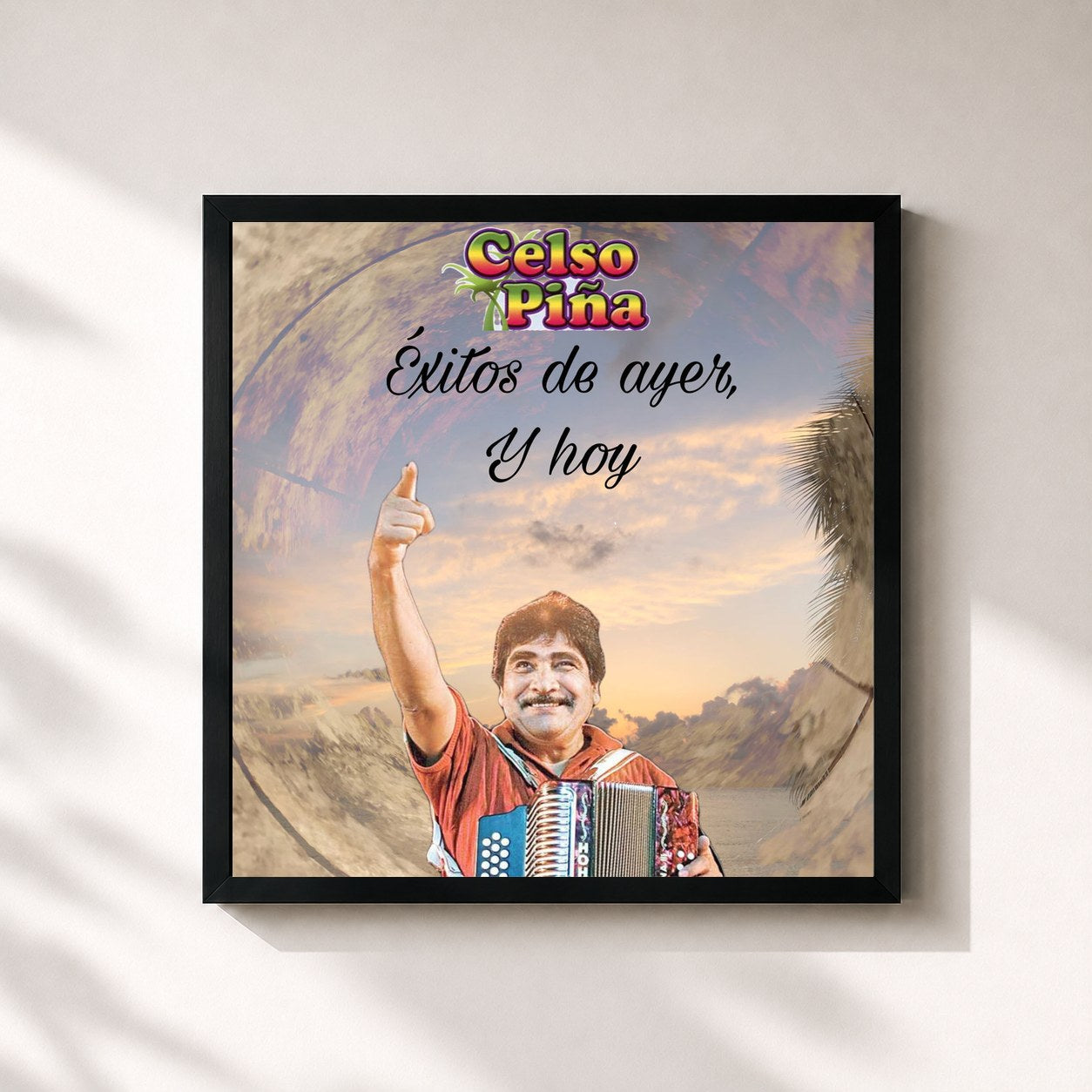 #noir Tableau carré de l'album Éxitos de Ayer, y Hoy de Celso Piña, cadre noir 32x32 cm