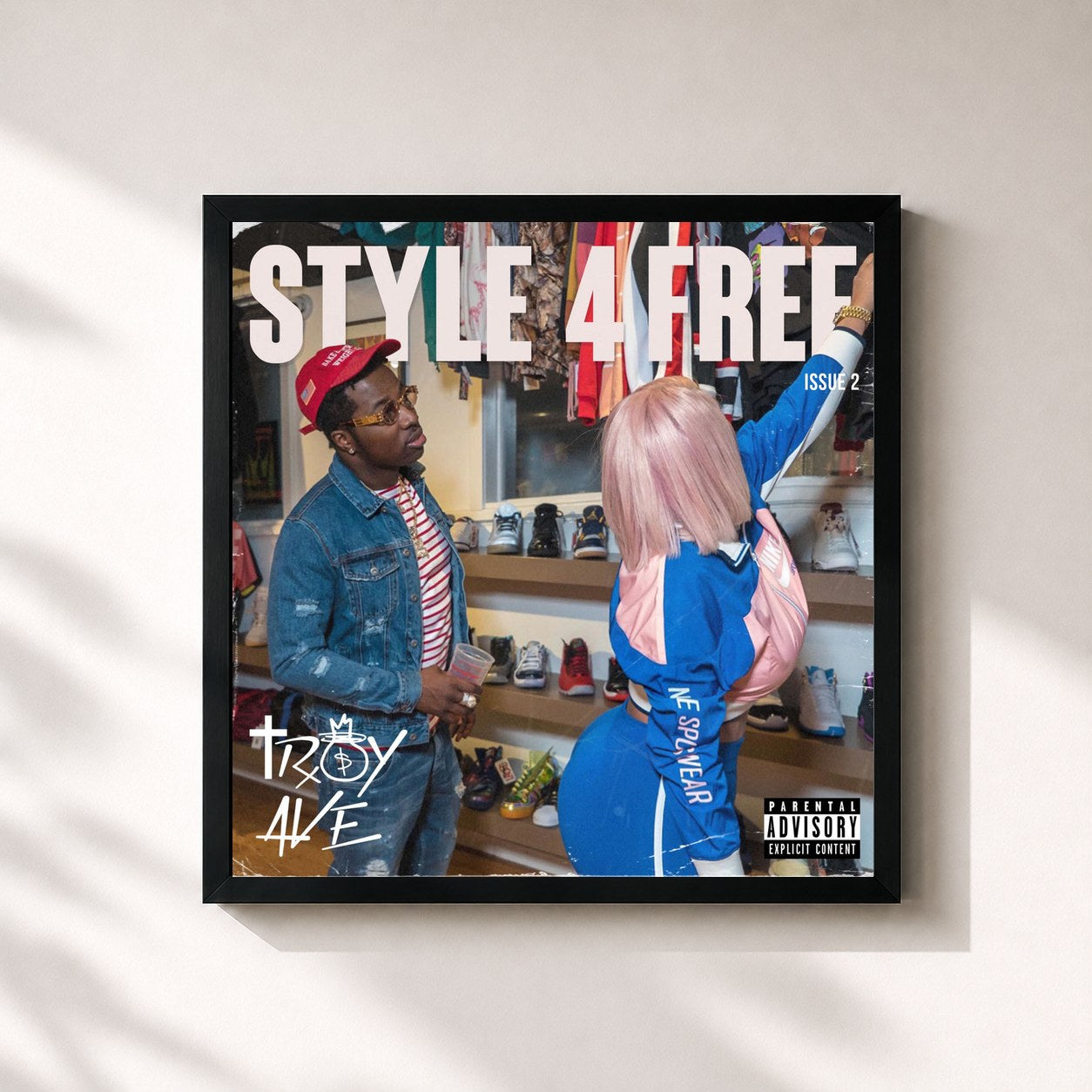 #noir Tableau carré de l'album Style 4 Free 2 de Troy Ave, cadre noir 32x32 cm