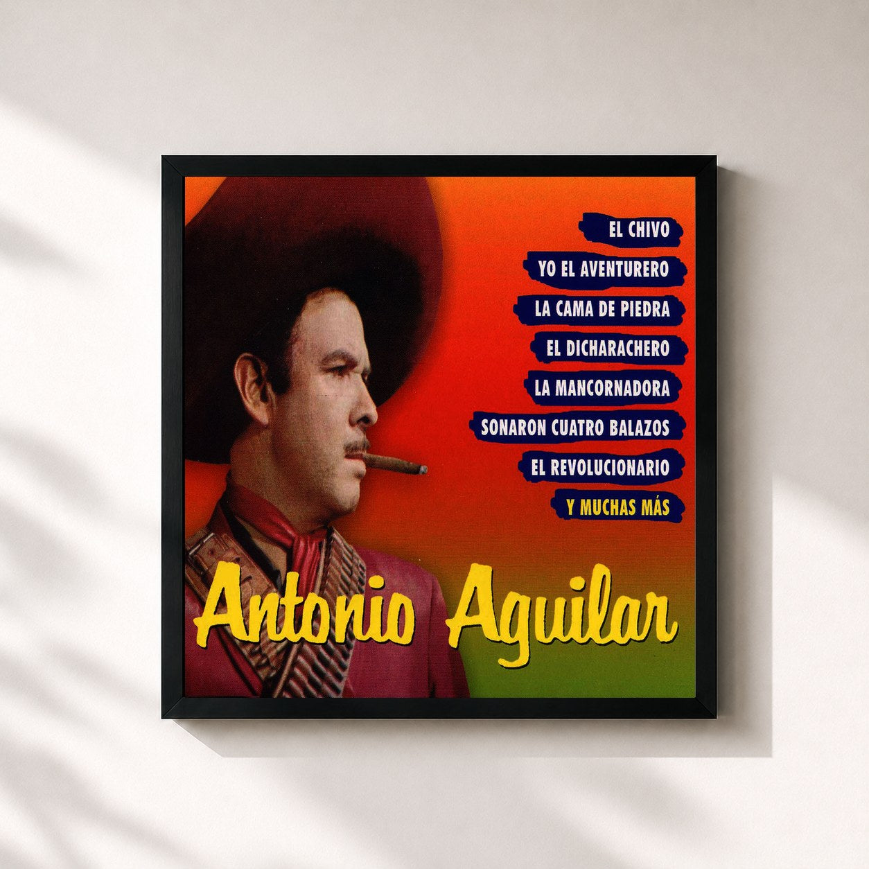 #noir Tableau carré de l'album Sus Mejores 30 Éxitos de Antonio Aguilar, cadre noir 32x32 cm