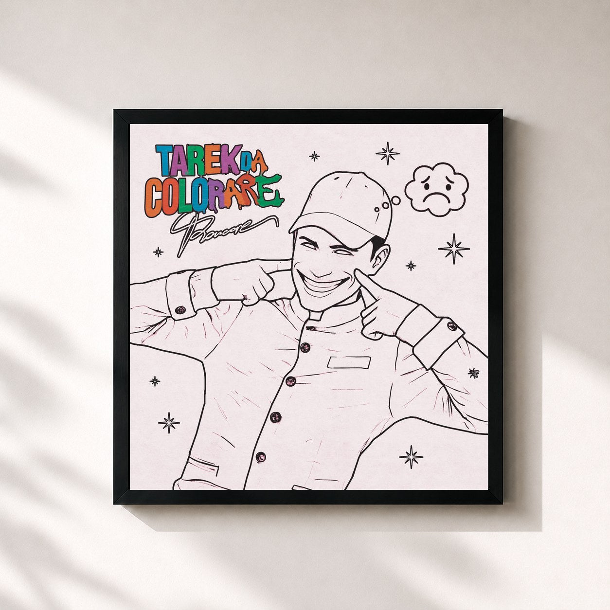 #noir Tableau carré de l'album TAREK DA COLORARE de Rancore, cadre noir 32x32 cm