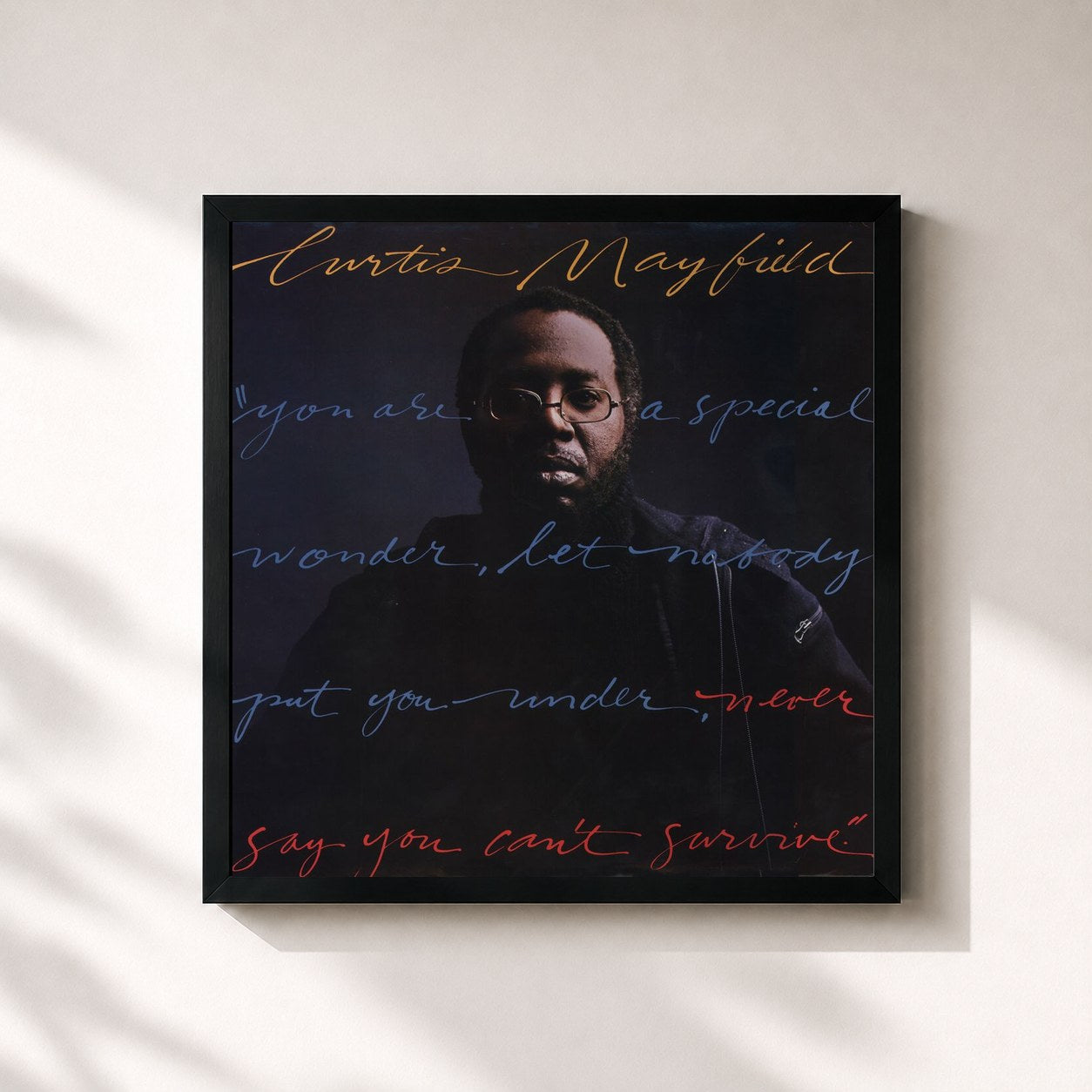 #noir Tableau carré de l'album Never Say You Can't Survive de Curtis Mayfield, cadre noir 32x32 cm