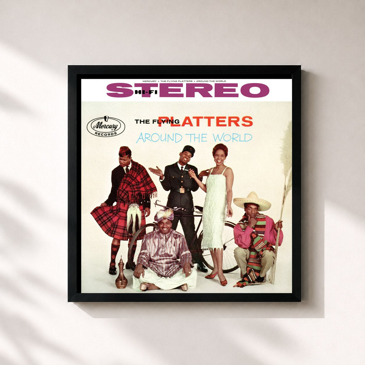 #noir Tableau carré de l'album The Flying Platters Around The World de The Platters, cadre noir 32x32 cm