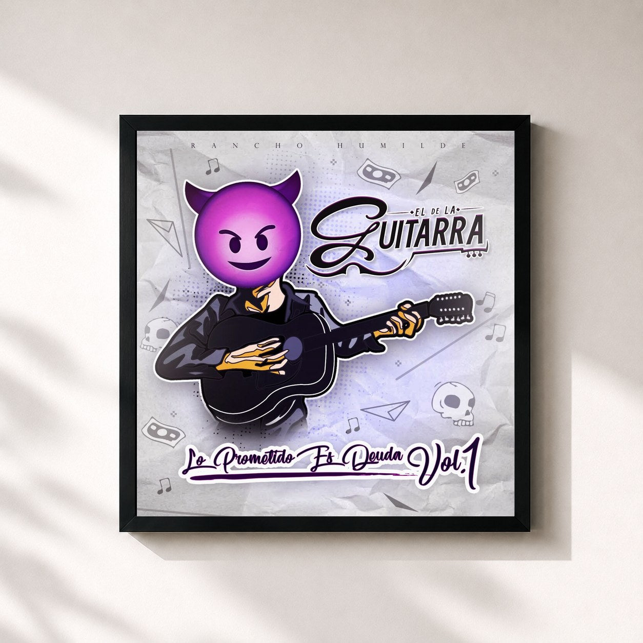 #noir Tableau carré de l'album Lo Prometido Es Deuda Vol.1 de El de La Guitarra, cadre noir 32x32 cm