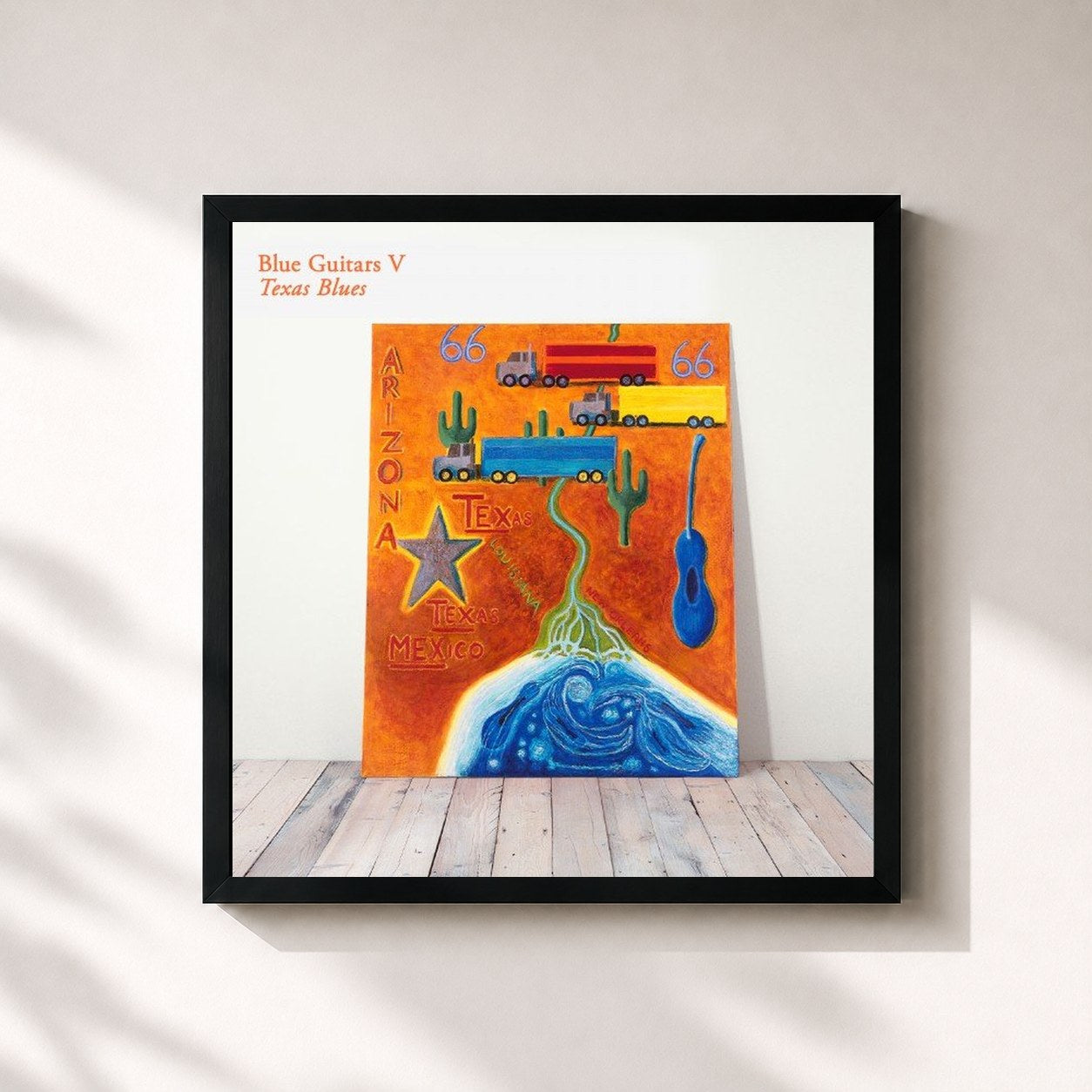 #noir Tableau carré de l'album Blue Guitars V - Texas Blues de Chris Rea, cadre noir 32x32 cm