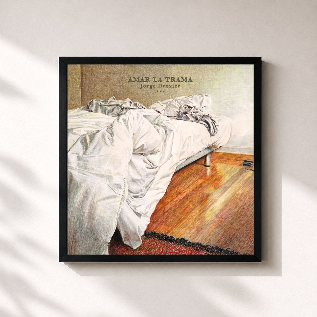 #noir Tableau carré de l'album Amar la trama de Jorge Drexler, cadre noir 32x32 cm