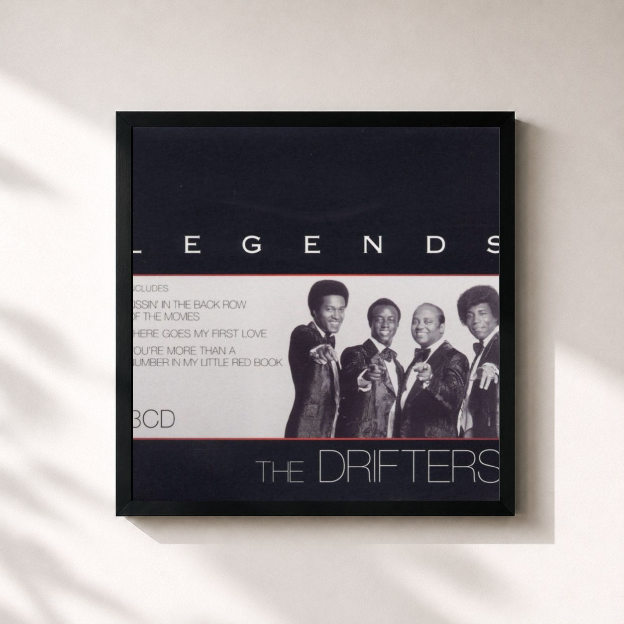 #noir Tableau carré de l'album Legends de The Drifters, cadre noir 32x32 cm