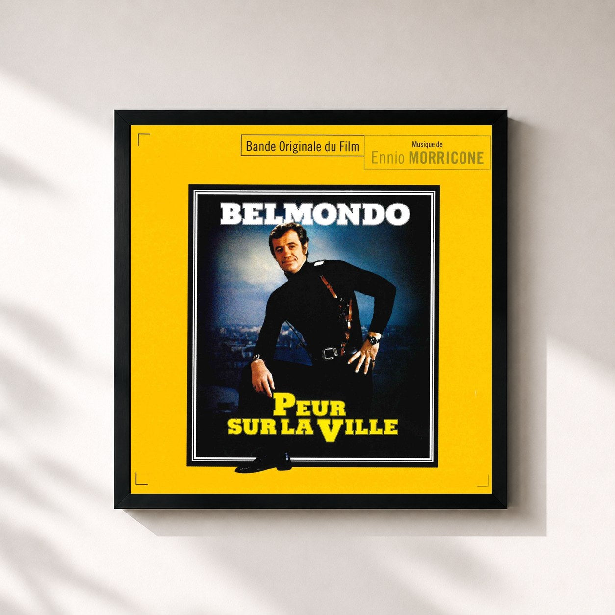 #noir Tableau carré de l'album Peur Sur La Ville (Original Motion Picture Soundtrack) de Ennio Morricone, cadre noir 32x32 cm