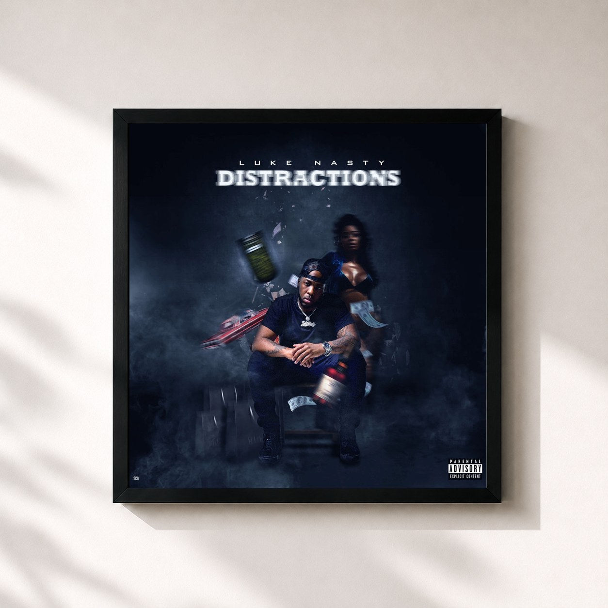 #noir Tableau carré de l'album Distractions de DJ Luke Nasty, cadre noir 32x32 cm