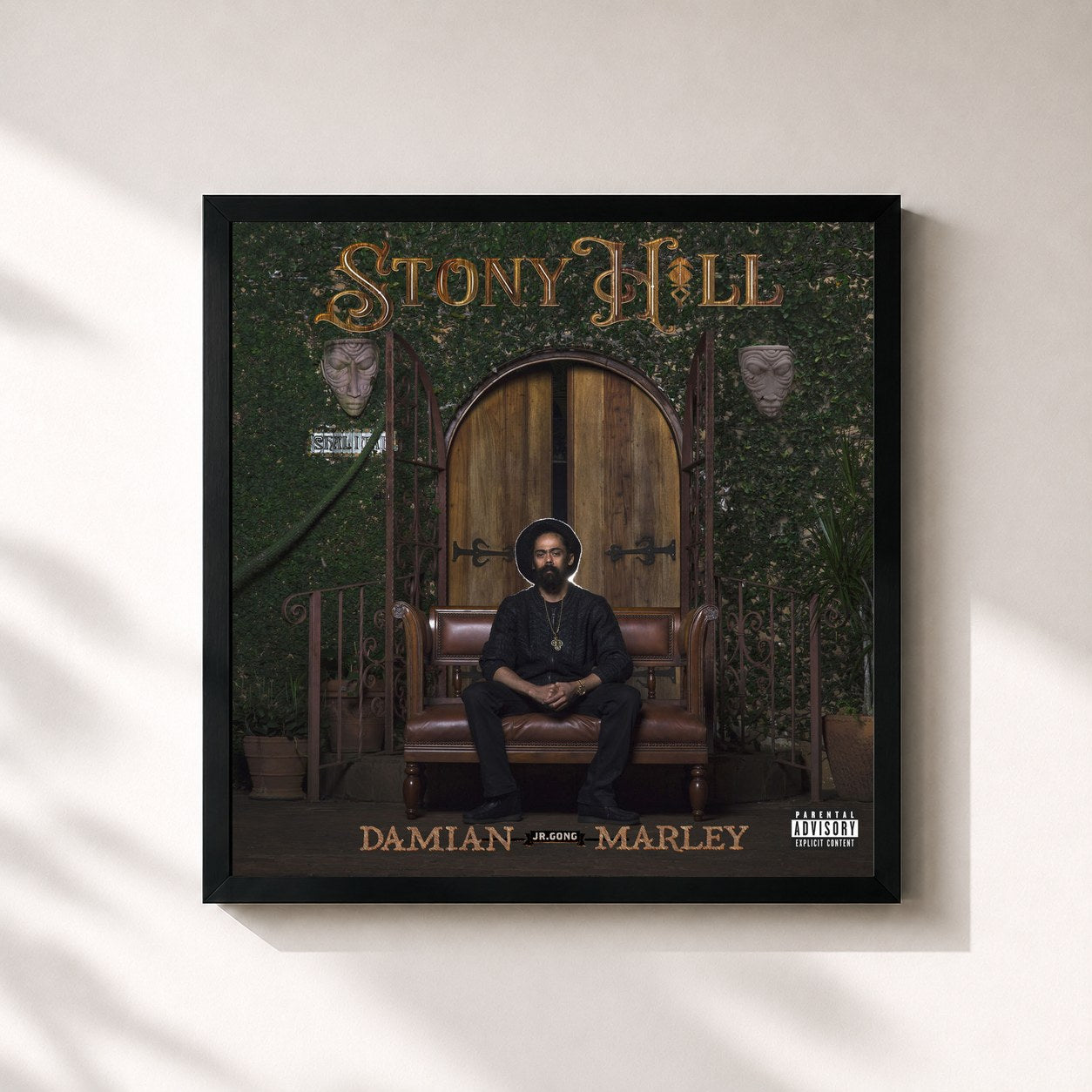 #noir Tableau carré de l'album Stony Hill de Damian Marley, cadre noir 32x32 cm