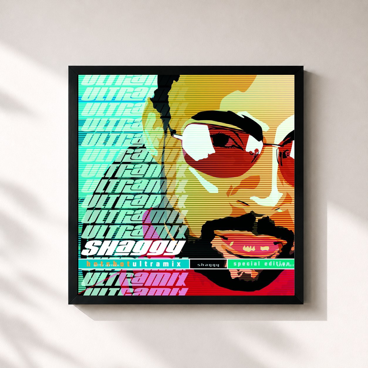 #noir Tableau carré de l'album Hotshot Ultramix de Shaggy, cadre noir 32x32 cm