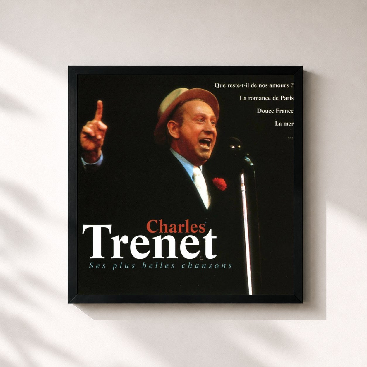 #noir Tableau carré de l'album les plus belles chansons de Charles Trenet, cadre noir 32x32 cm