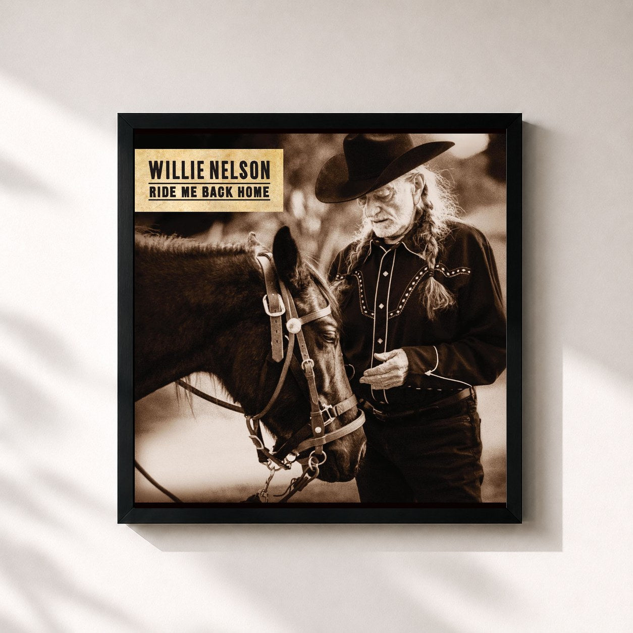 #noir Tableau carré de l'album Ride Me Back Home de Willie Nelson, cadre noir 32x32 cm