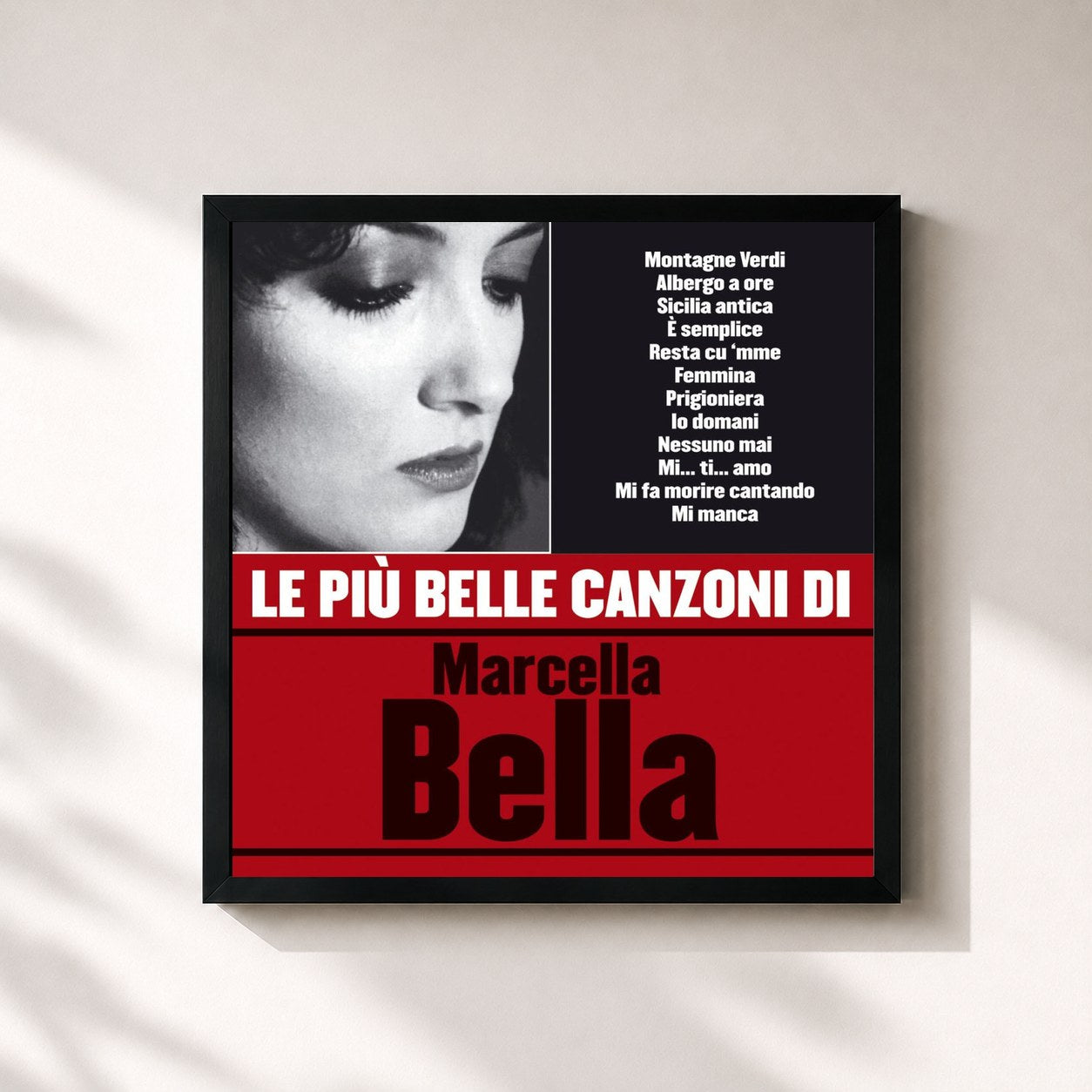 #noir Tableau carré de l'album Le più belle canzoni di Marcella Bella de Marcella Bella, cadre noir 32x32 cm