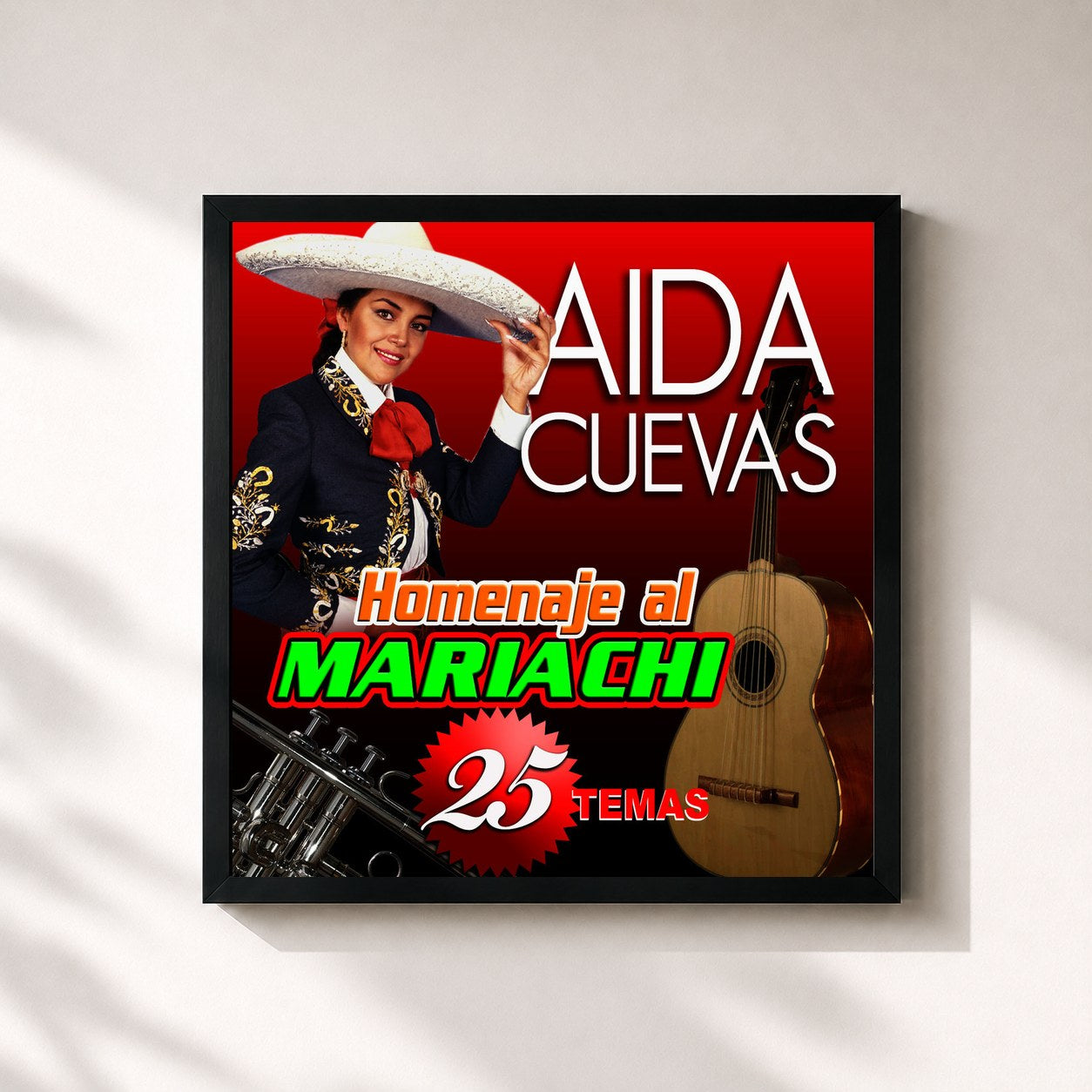 #noir Tableau carré de l'album 25 Exitos de Aida Cuevas, cadre noir 32x32 cm