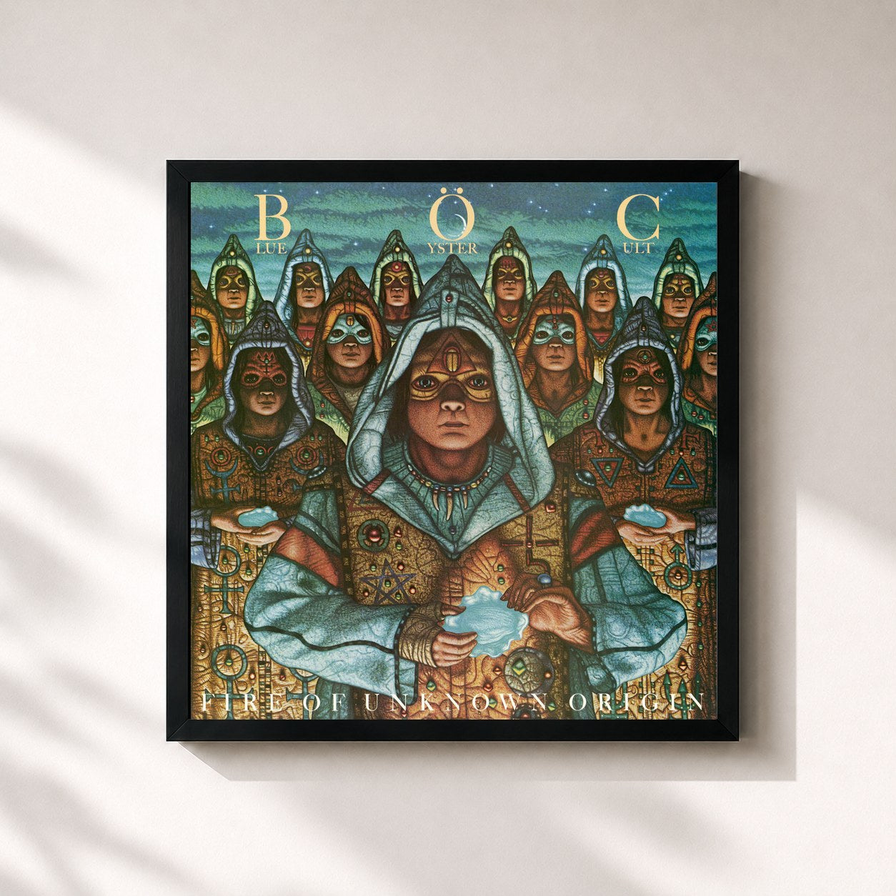 #noir Tableau carré de l'album Fire of Unknown Origin de Blue Öyster Cult, cadre noir 32x32 cm