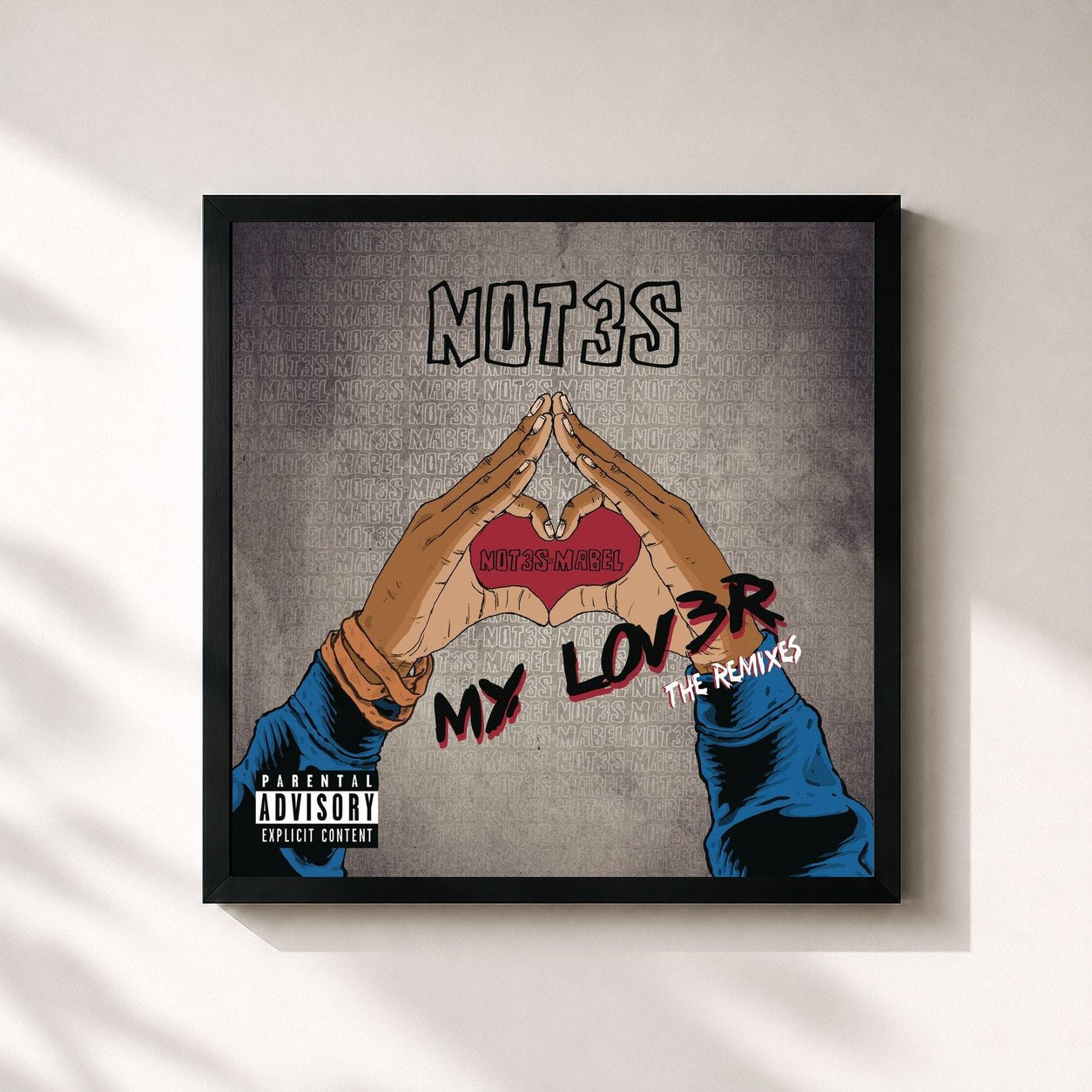 #noir Tableau carré de l'album My Lover (The Remixes) de Not3s, cadre noir 32x32 cm
