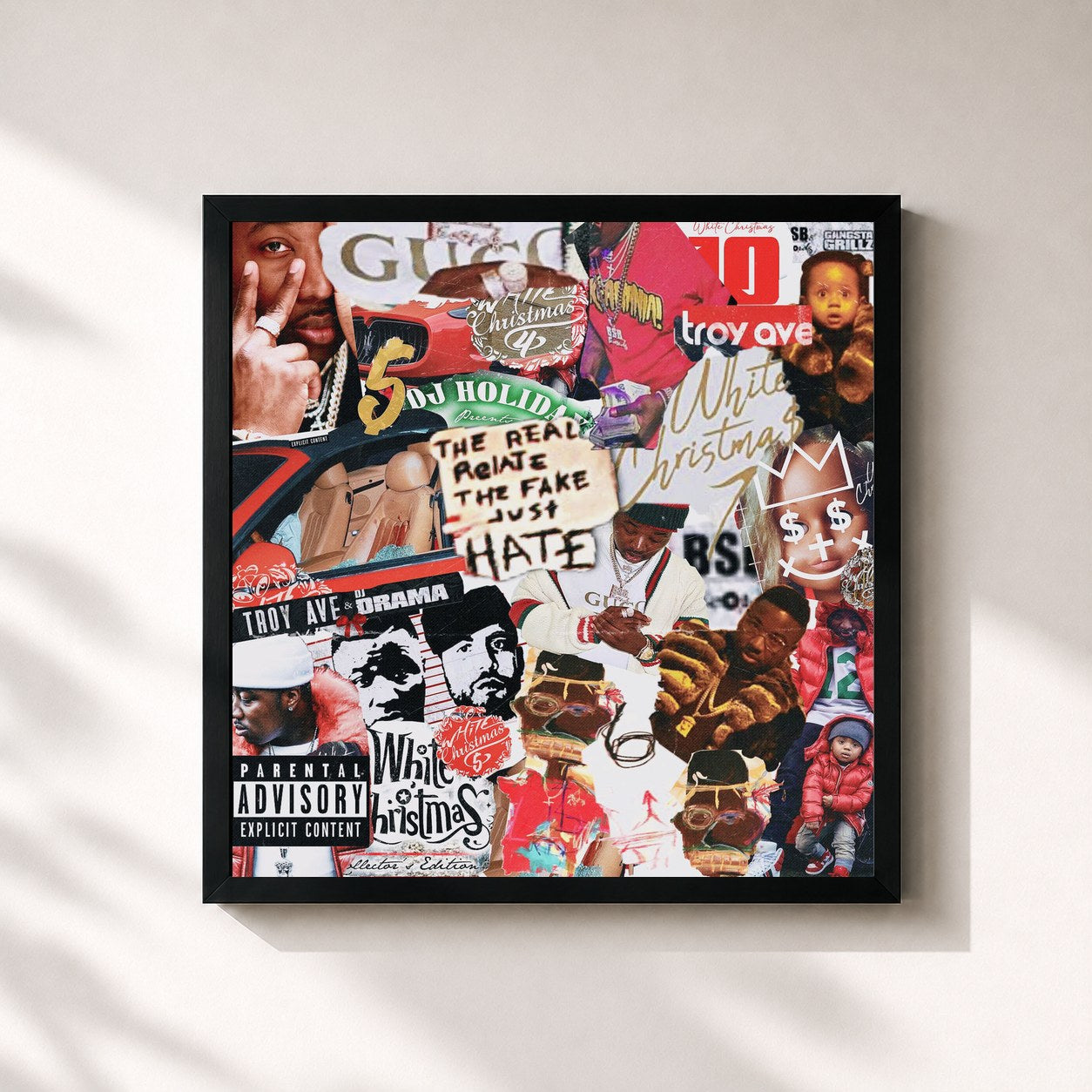 #noir Tableau carré de l'album White Christmas 11 de Troy Ave, cadre noir 32x32 cm