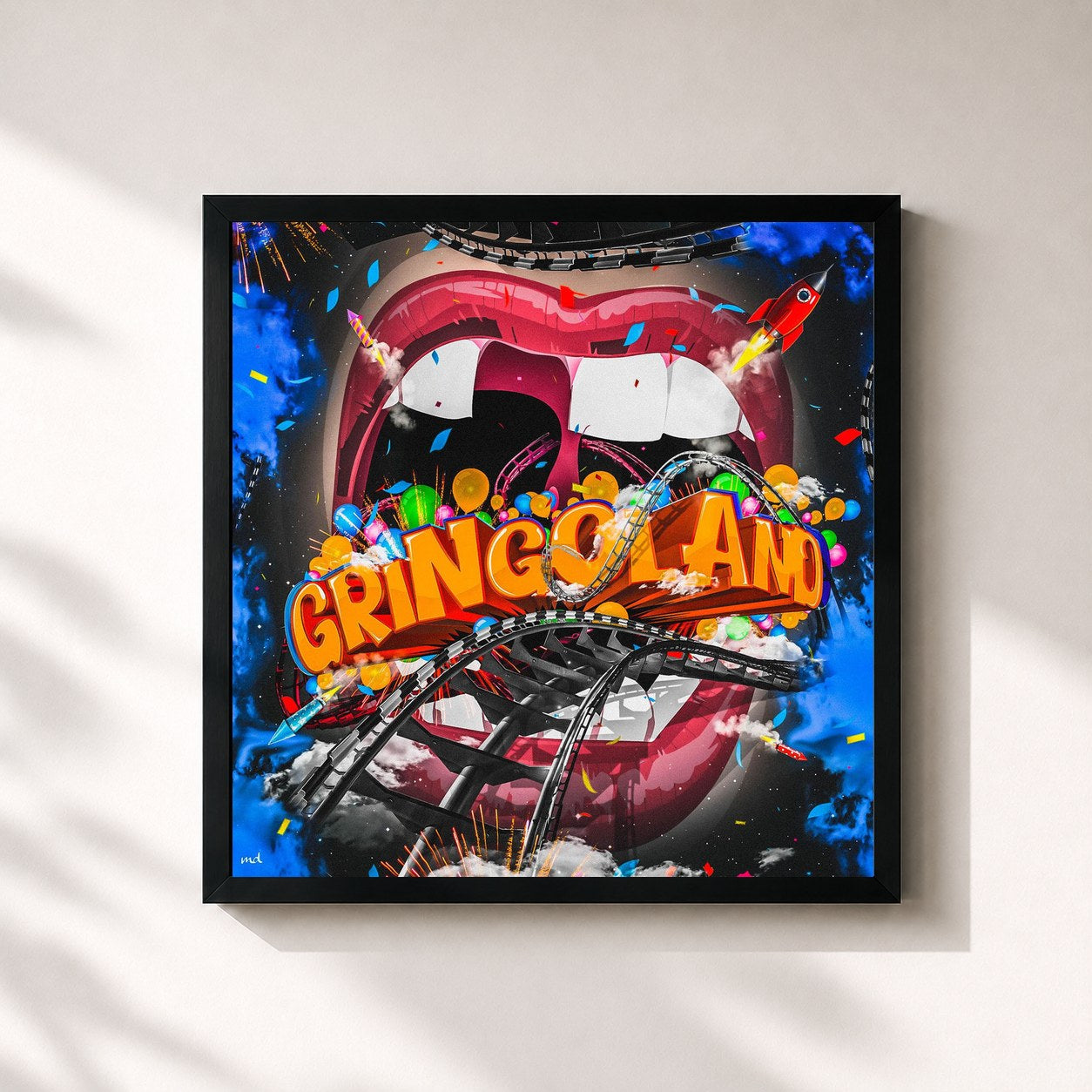 #noir Tableau carré de l'album GRiNGOLAND de Gringo, cadre noir 32x32 cm