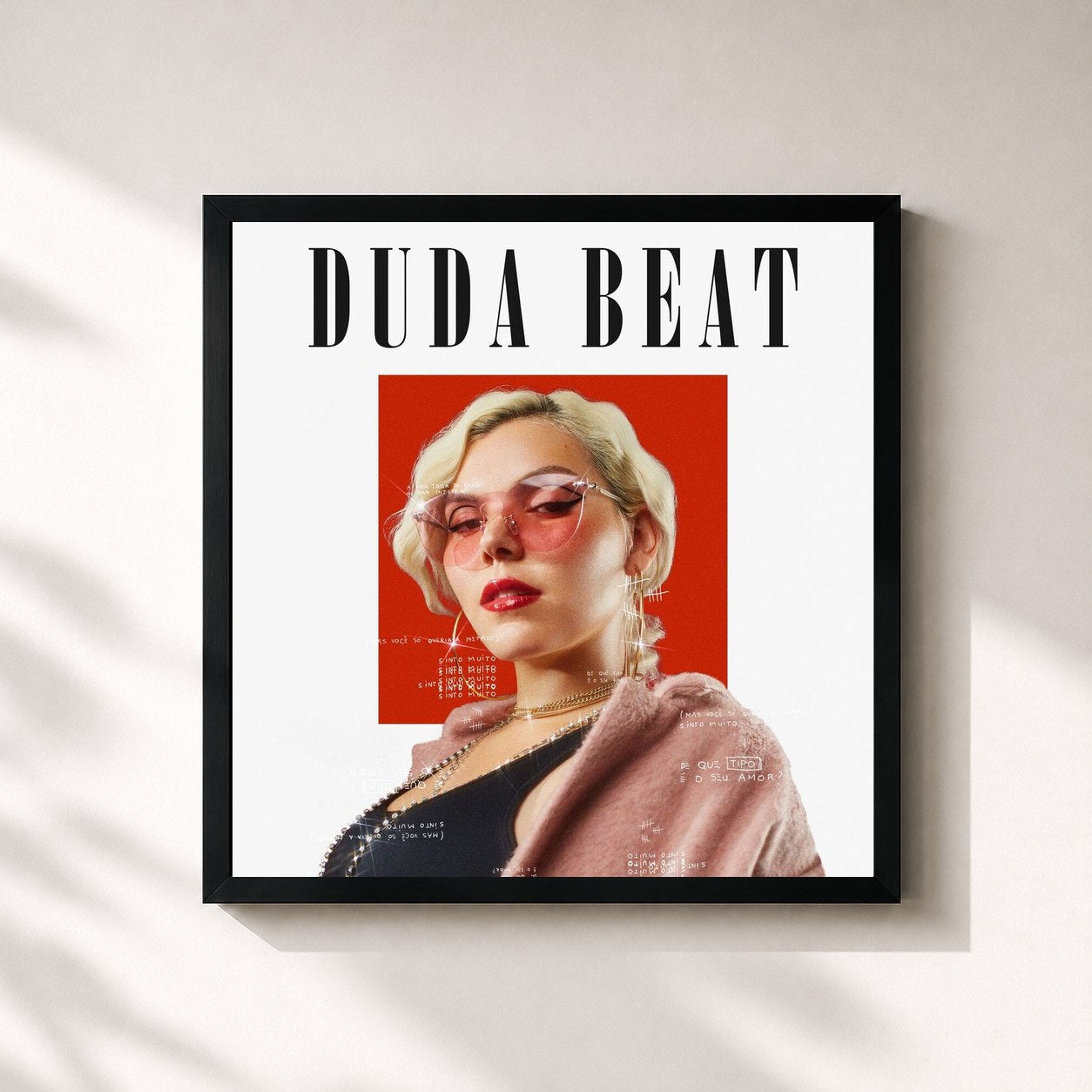 #noir Tableau carré de l'album Sinto Muito de DUDA BEAT, cadre noir 32x32 cm