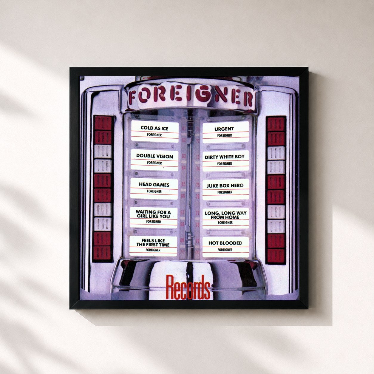 #noir Tableau carré de l'album Records de Foreigner, cadre noir 32x32 cm