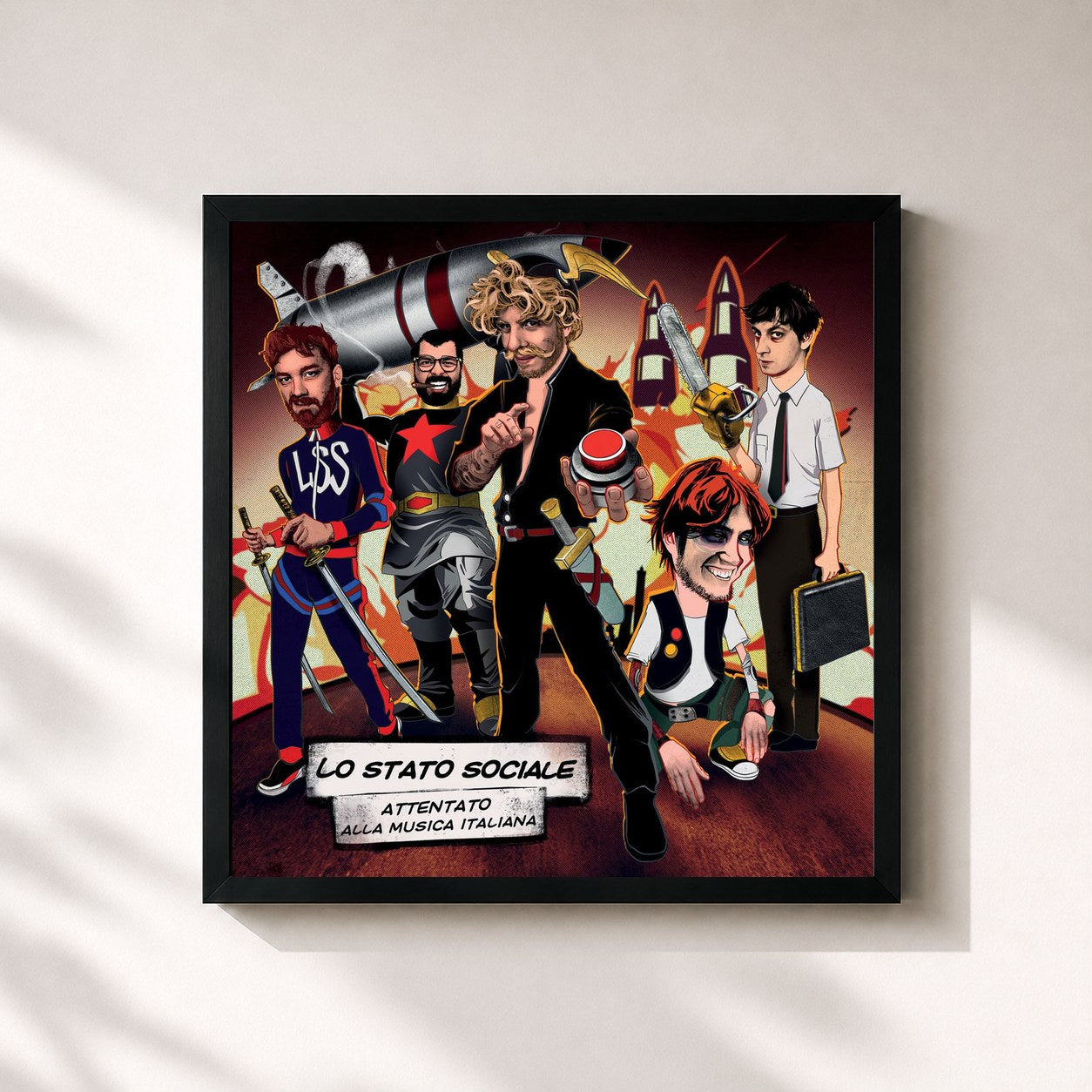 #noir Tableau carré de l'album Attentato alla musica italiana de Lo Stato Sociale, cadre noir 32x32 cm