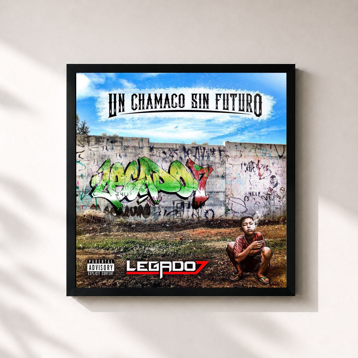 #noir Tableau carré de l'album Un Chamaco Sin Futuro de LEGADO 7, cadre noir 32x32 cm