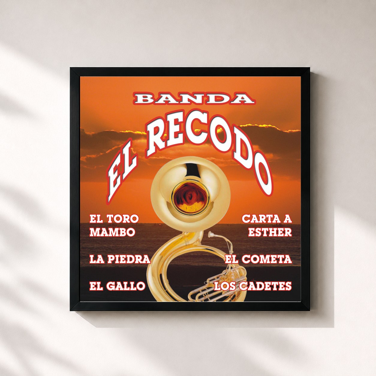 #noir Tableau carré de l'album El Toro Mambo de Banda El Recodo, cadre noir 32x32 cm