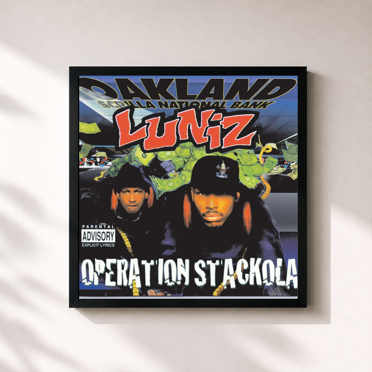 #noir Tableau carré de l'album Operation Stackola de Luniz, cadre noir 32x32 cm