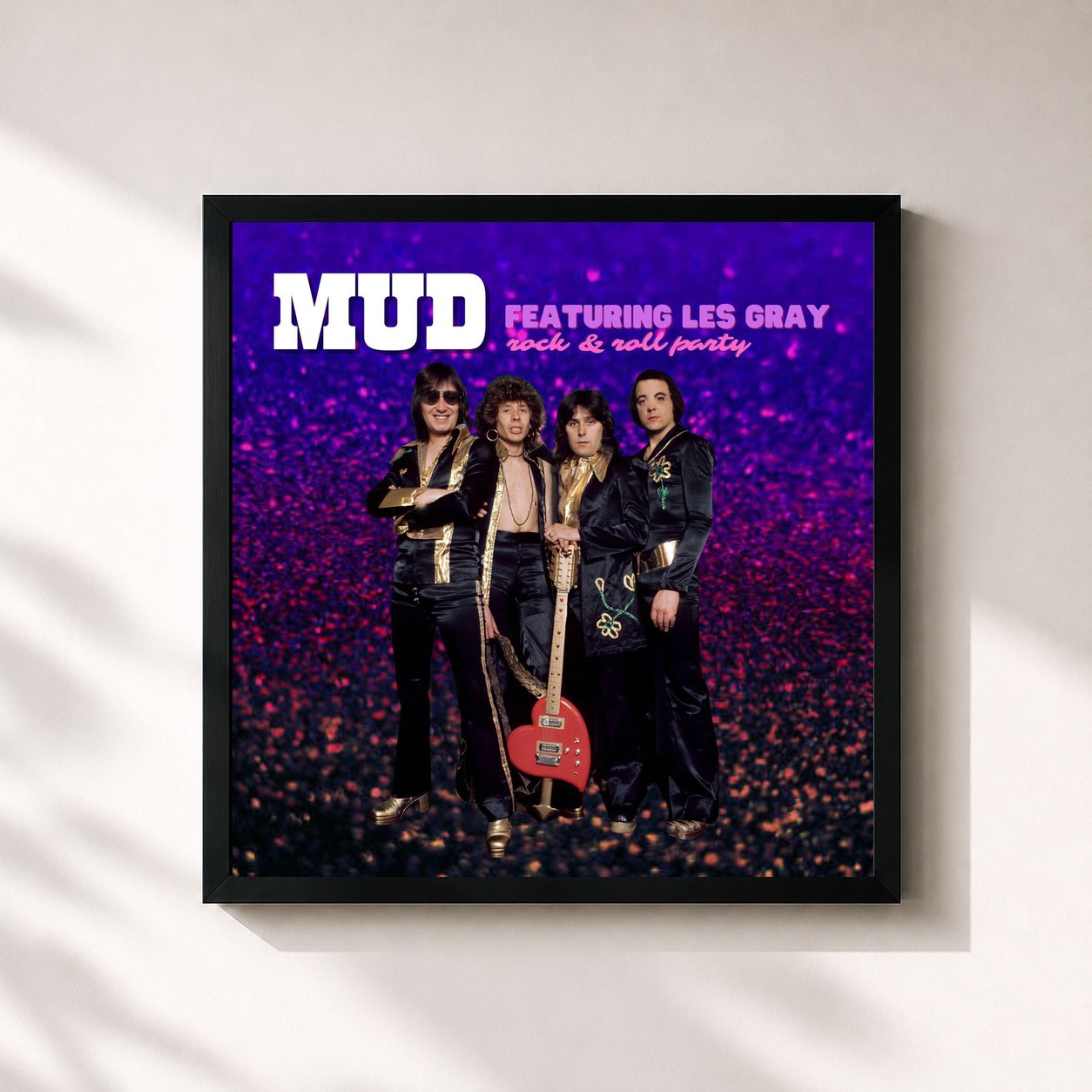 #noir Tableau carré de l'album Rock & Roll Party de Mud, cadre noir 32x32 cm