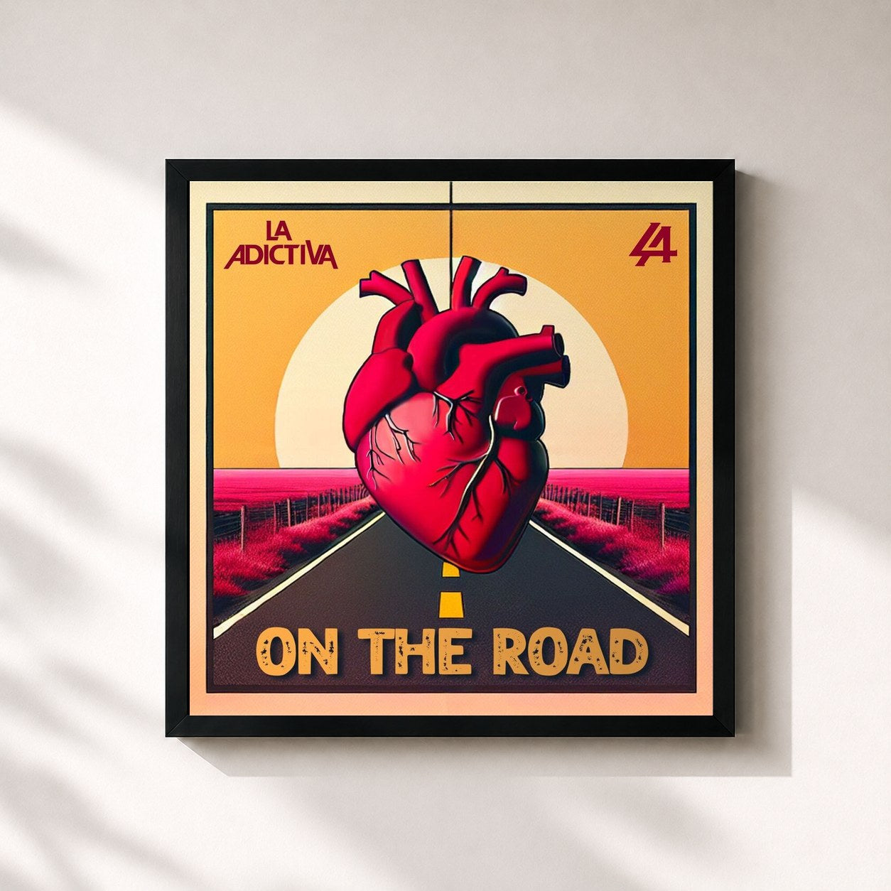 #noir Tableau carré de l'album On The Road de La Adictiva, cadre noir 32x32 cm