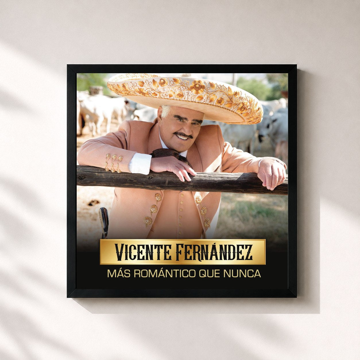 #noir Tableau carré de l'album Más Romántico Que Nunca de Vicente Fernández, cadre noir 32x32 cm