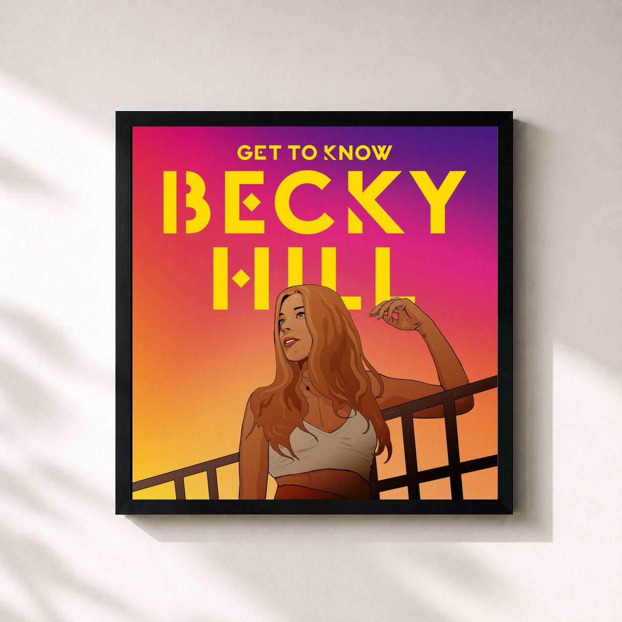 #noir Tableau carré de l'album Get To Know de Becky Hill, cadre noir 32x32 cm