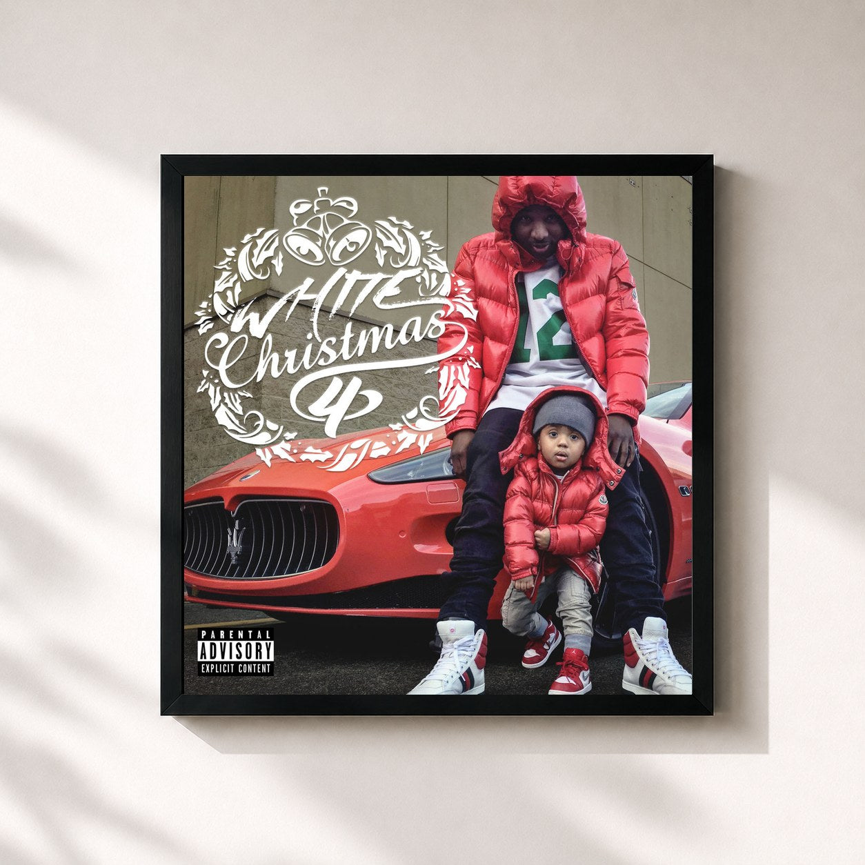 #noir Tableau carré de l'album White Christmas 4 de Troy Ave, cadre noir 32x32 cm
