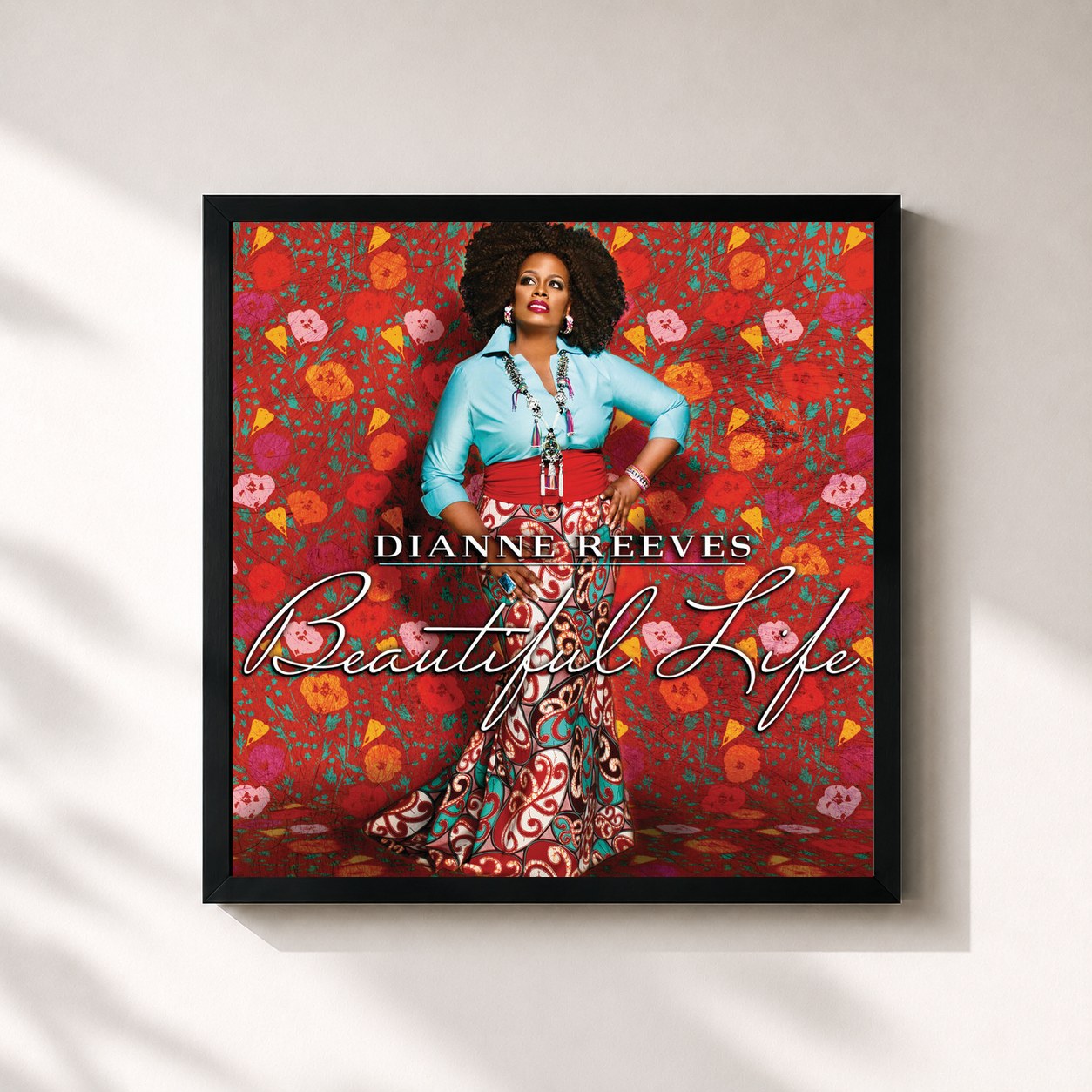 #noir Tableau carré de l'album Beautiful Life de Dianne Reeves, cadre noir 32x32 cm