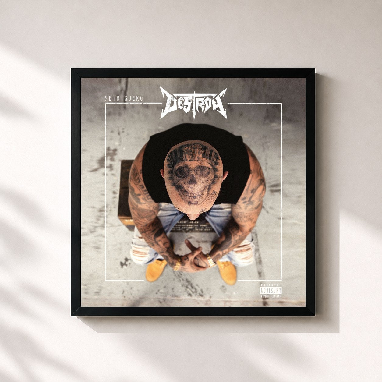 #noir Tableau carré de l'album Destroy de Seth Gueko, cadre noir 32x32 cm