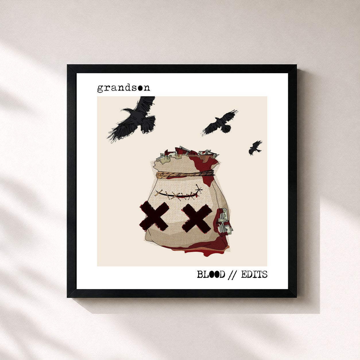 #noir Tableau carré de l'album BLOOD // EDITS de Grandson, cadre noir 32x32 cm