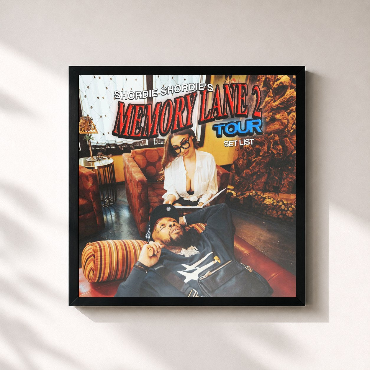 #noir Tableau carré de l'album Memory Lane 2 Tour: Setlist de Shordie Shordie, cadre noir 32x32 cm