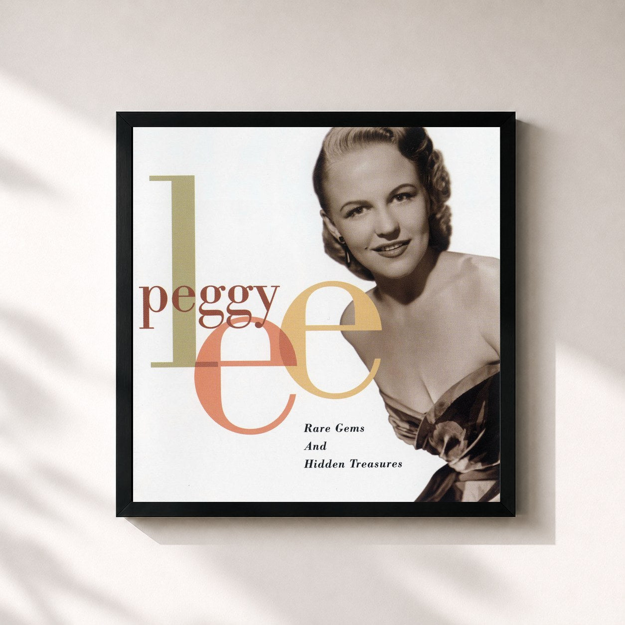 #noir Tableau carré de l'album Rare Gems And Hidden Treasures de Peggy Lee, cadre noir 32x32 cm
