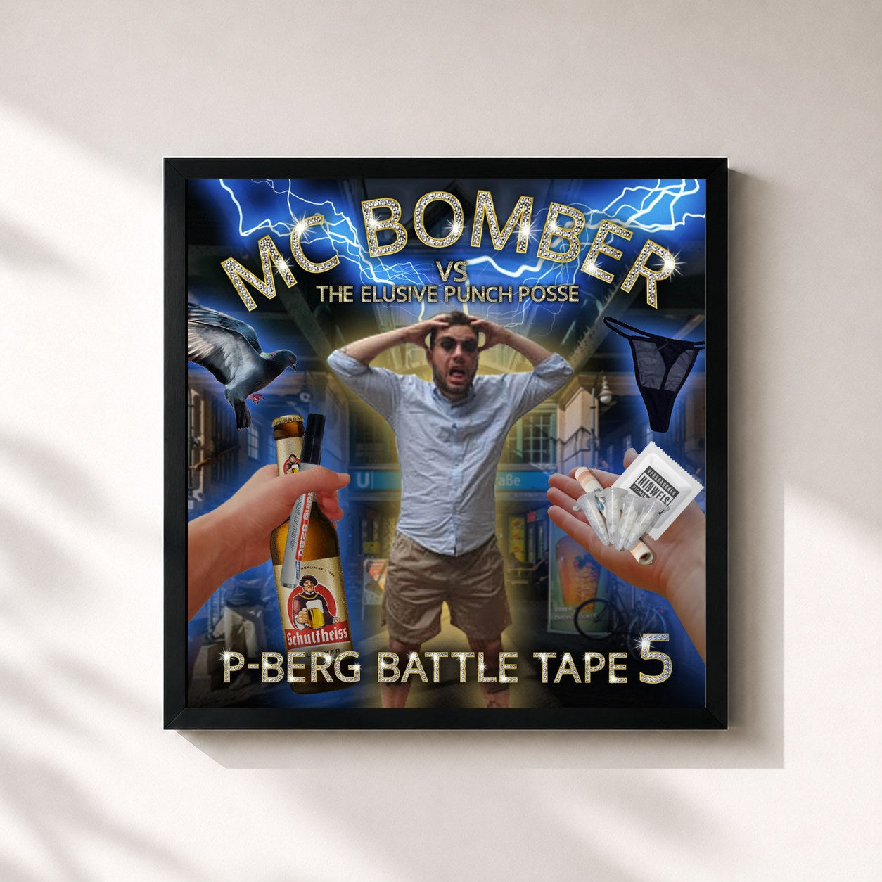 #noir Tableau carré de l'album P-Berg Battletape 5 de MC Bomber, cadre noir 32x32 cm