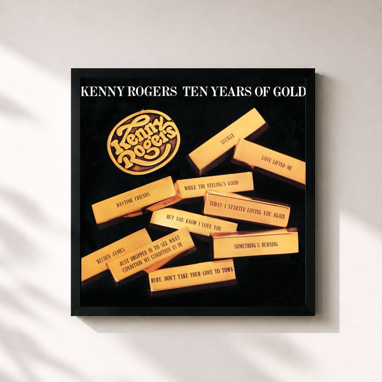 #noir Tableau carré de l'album Ten Years Of Gold de Kenny Rogers, cadre noir 32x32 cm