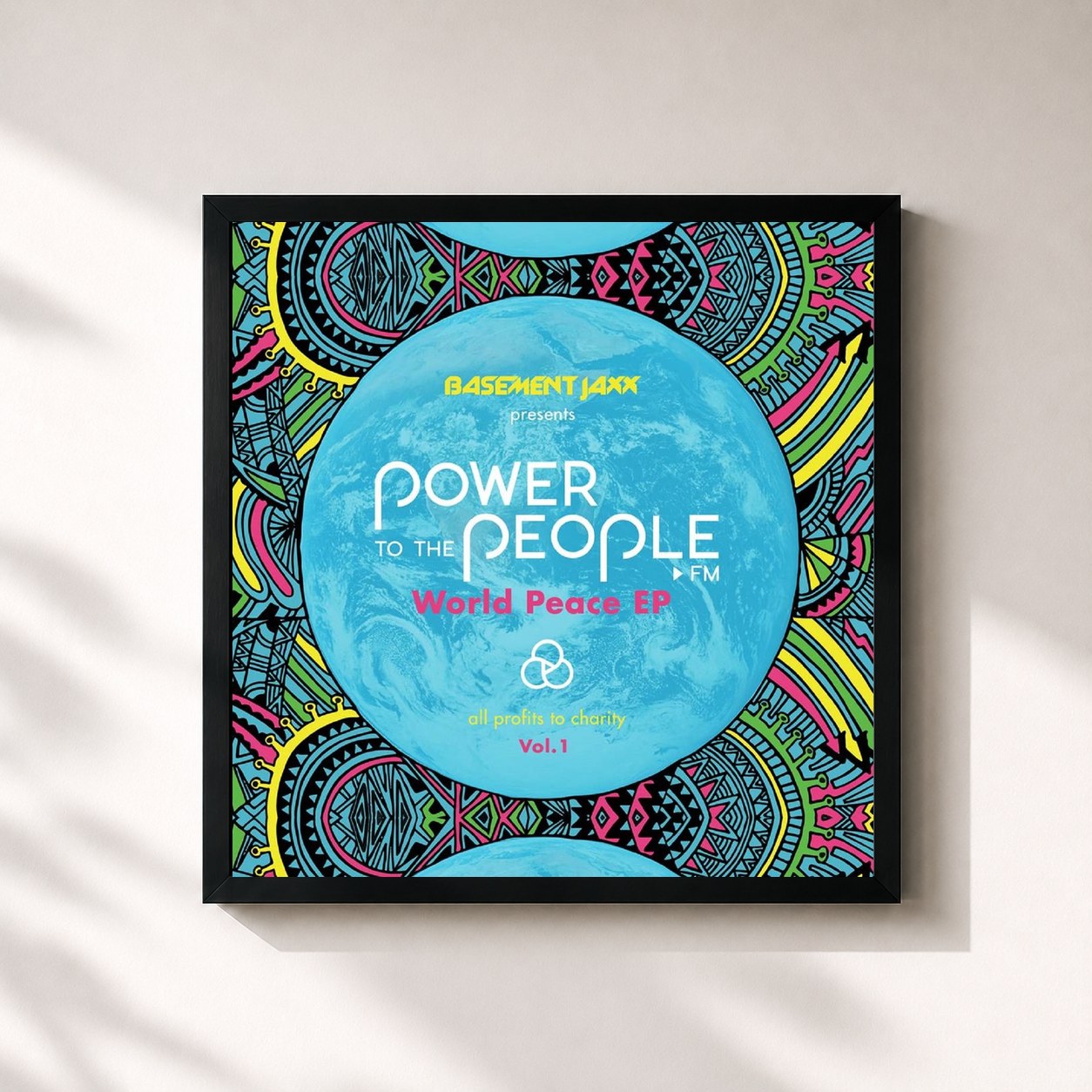 #noir Tableau carré de l'album Power to the People.FM World Peace de Basement Jaxx, cadre noir 32x32 cm