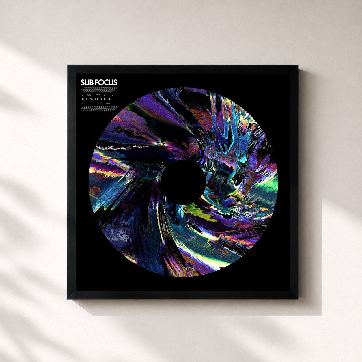 #noir Tableau carré de l'album Reworks I de Sub Focus, cadre noir 32x32 cm