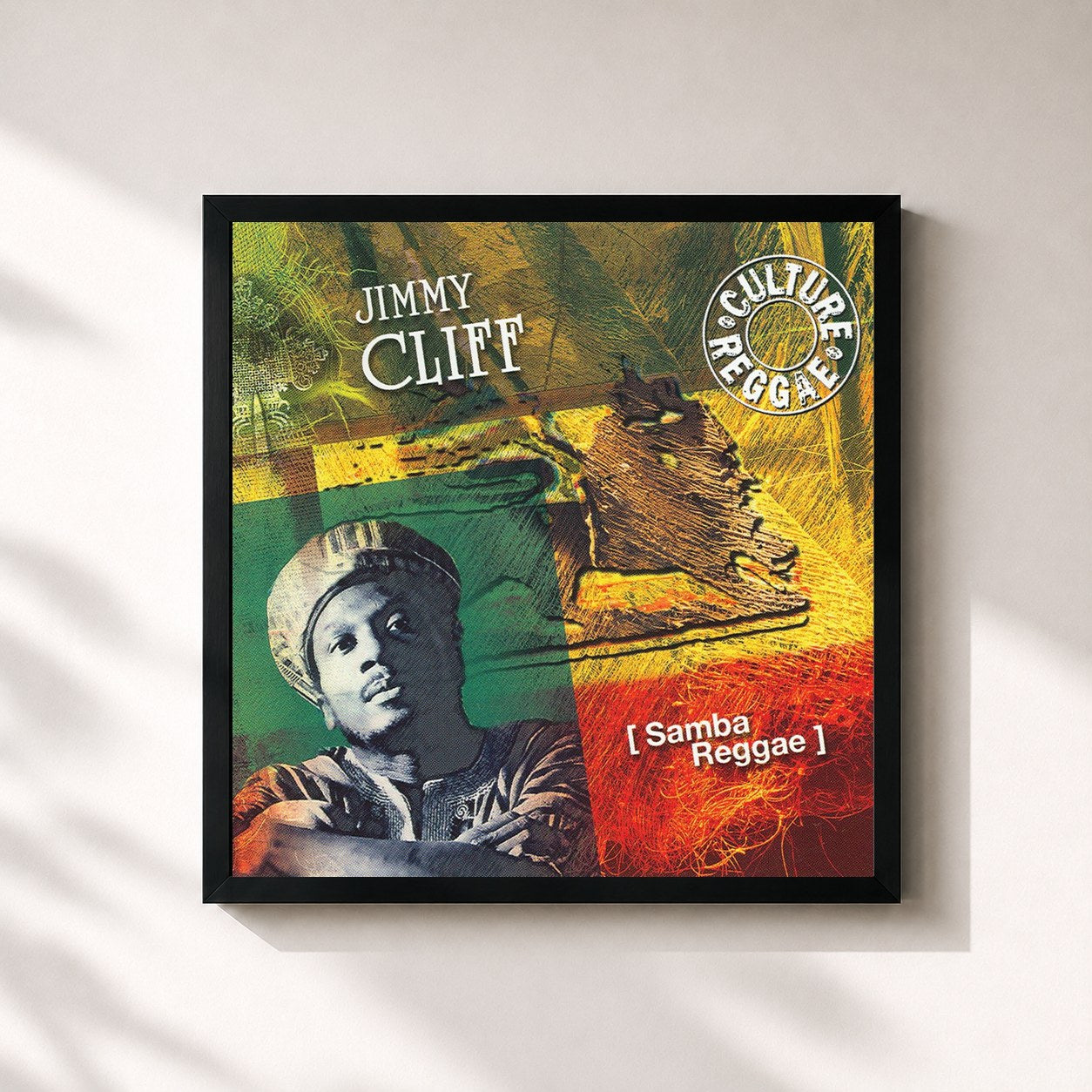 #noir Tableau carré de l'album Samba Reggae de Jimmy Cliff, cadre noir 32x32 cm