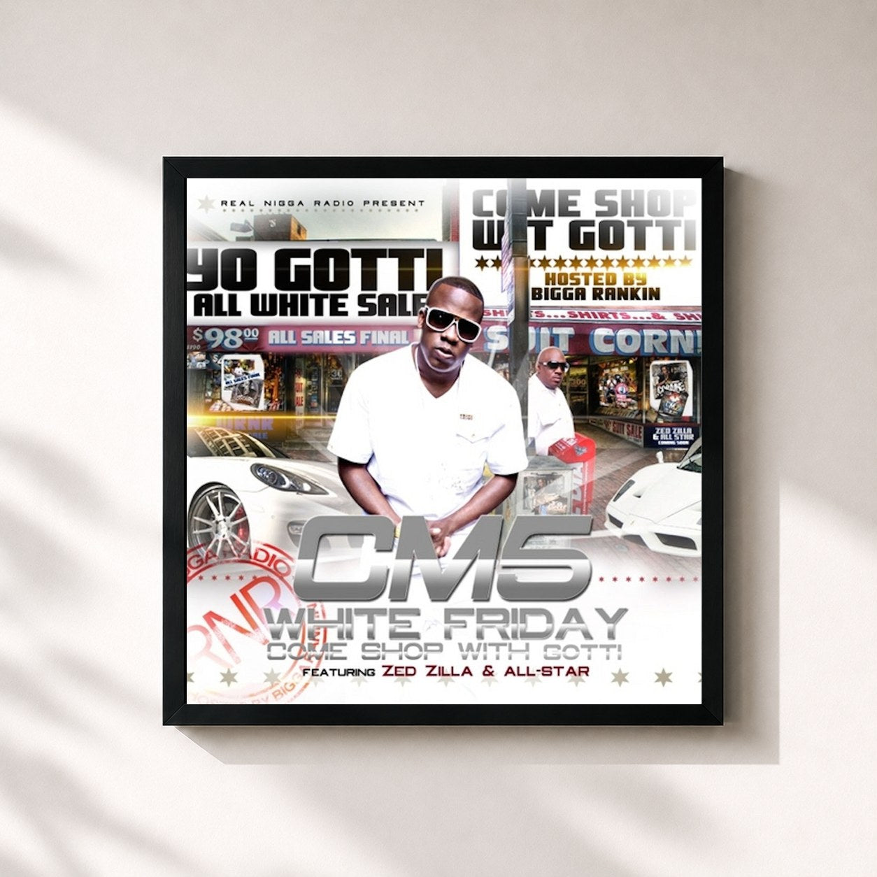 #noir Tableau carré de l'album Cocaine Muzik 5: White Friday de Yo Gotti, cadre noir 32x32 cm