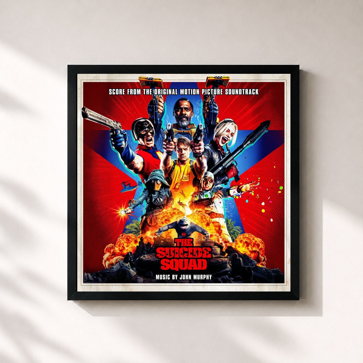 #noir Tableau carré de l'album The Suicide Squad (Score from the Original Motion Picture Soundtrack) de John Murphy, cadre noir 32x32 cm