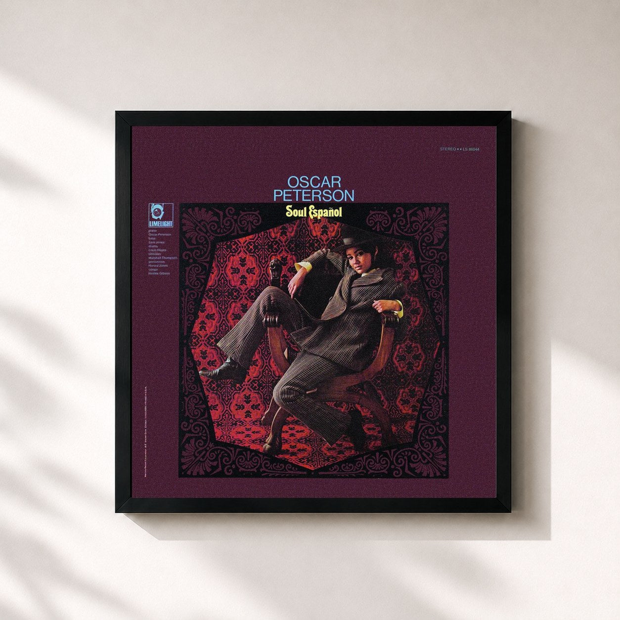 #noir Tableau carré de l'album Soul Español de Oscar Peterson, cadre noir 32x32 cm