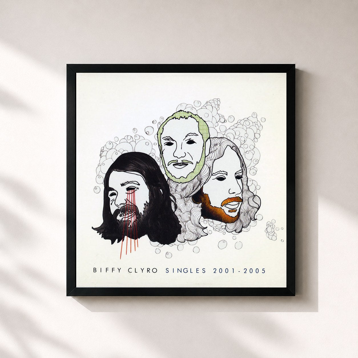 #noir Tableau carré de l'album Singles 2001-2005 de Biffy Clyro, cadre noir 32x32 cm