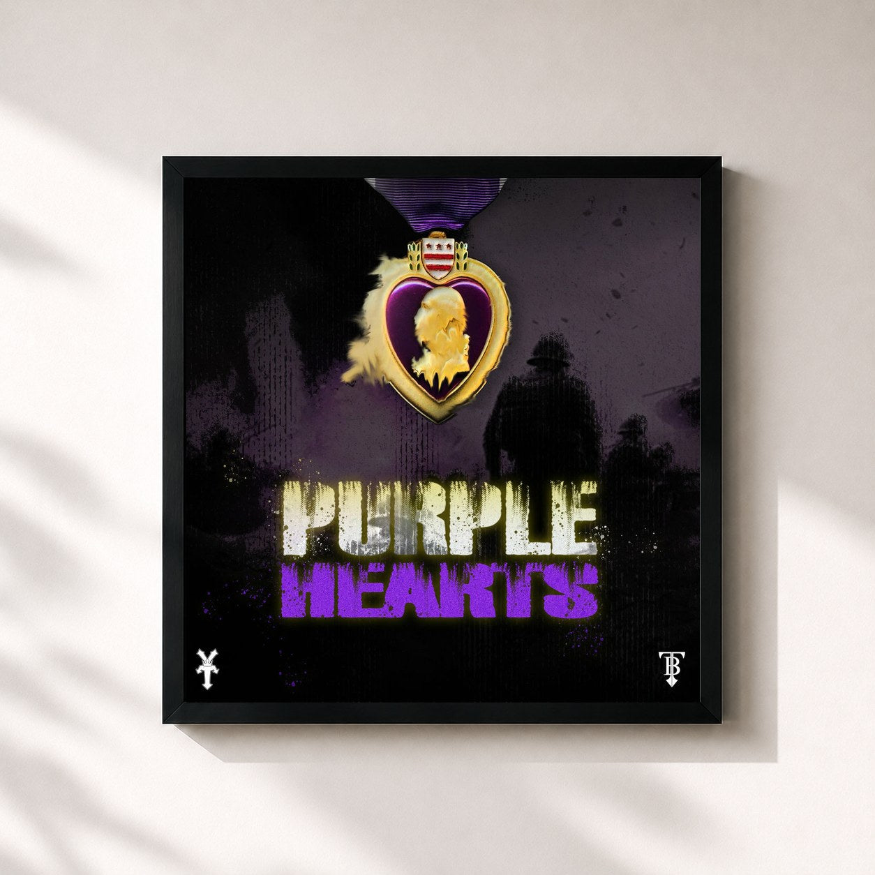 #noir Tableau carré de l'album Purple Hearts de Youngs Teflon, cadre noir 32x32 cm