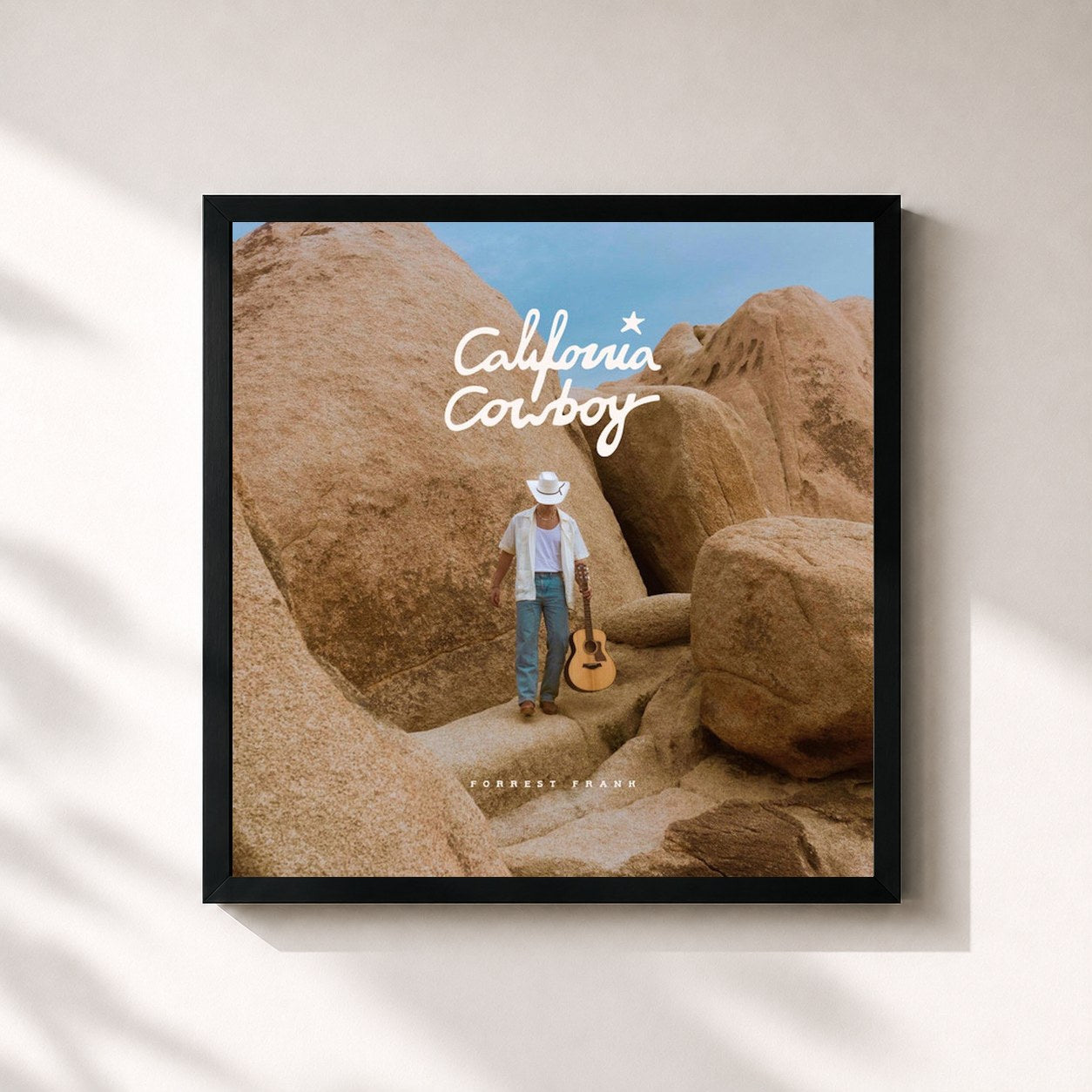 #noir Tableau carré de l'album California Cowboy de Forrest Frank, cadre noir 32x32 cm